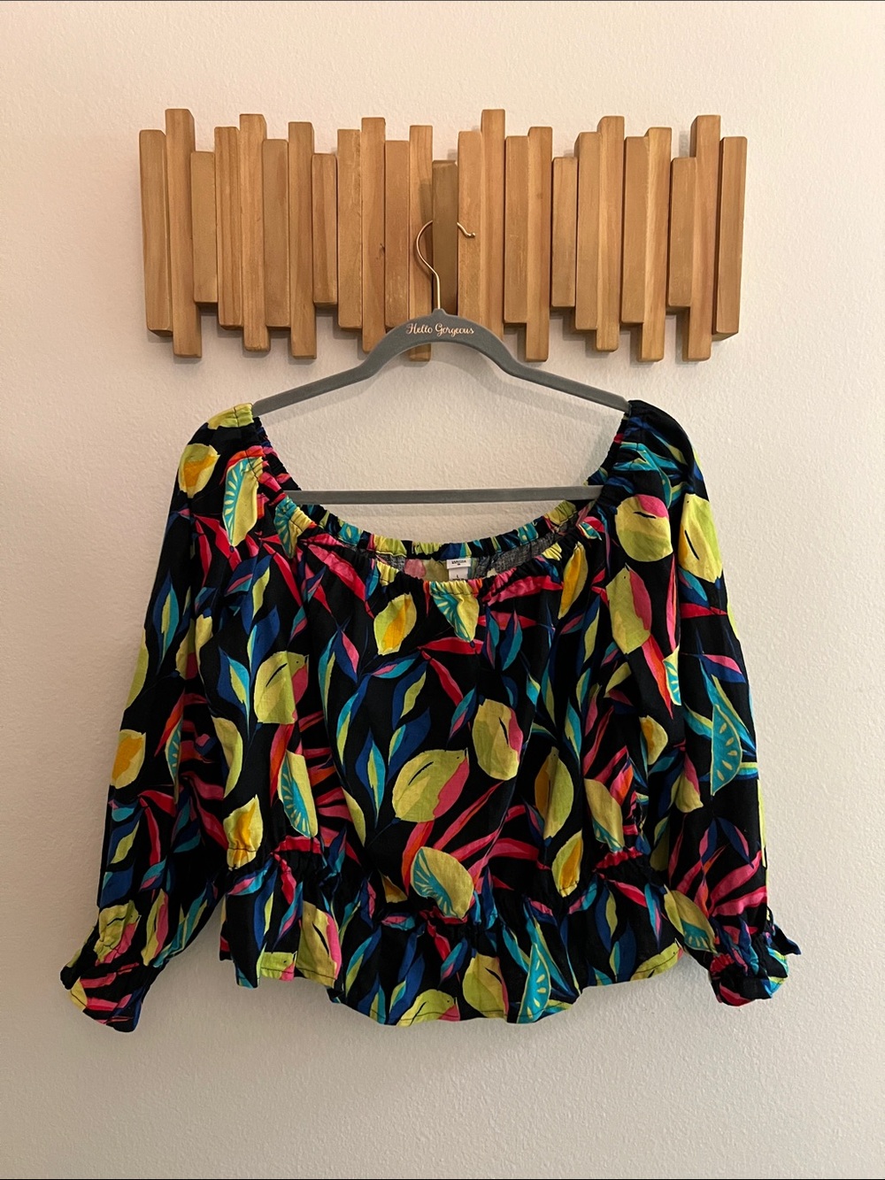 Tabitha Brown x Target Off-Shoulder Blouse in Black with Multicolor Lemon Print